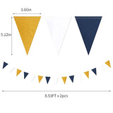 Navy-Blue White-Gold Party Decorations Banner - 2 Pack Men Birthday Graduation 2025 Glitter Sprinkles Paper Pennant Triangle Flags, Fathers Day Wedding Baby Bridal Shower Bunting