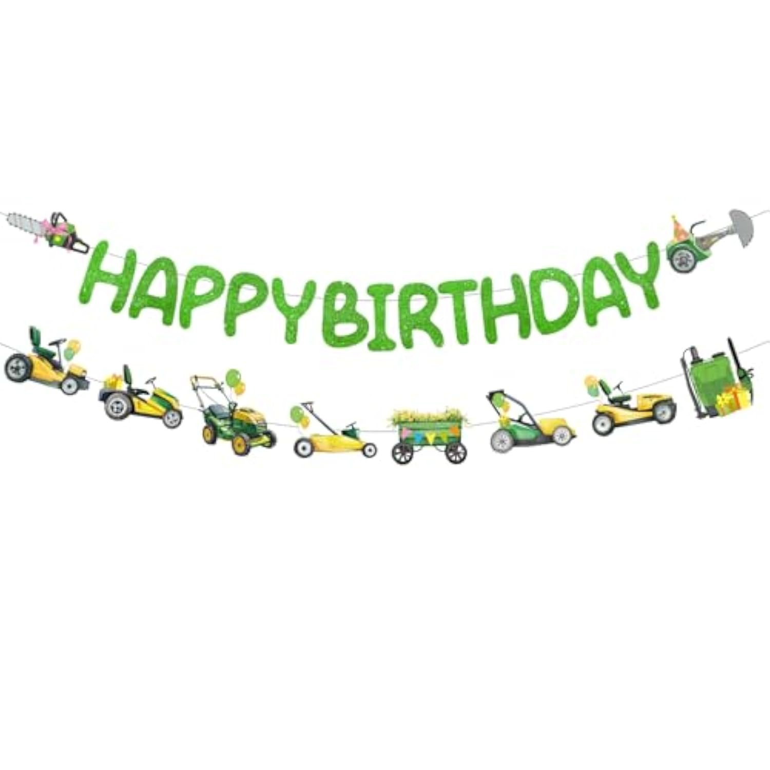 Lawnmower Birthday Party Decorations - 2 Pcs Pre-Strung Lawn Mower Happy Birthday Banner For Boy, Green Tractor Party Supplies For Kids, Glitter Letters Banners Garland Ceiling Wall Decor