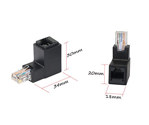 90 Degree Ethernet Lan Rj45 Male To Female, Right Angle Network Cat5 / Cat5E / Cat6 Extender Adapter(2-Pack) Black,(Up Angle)