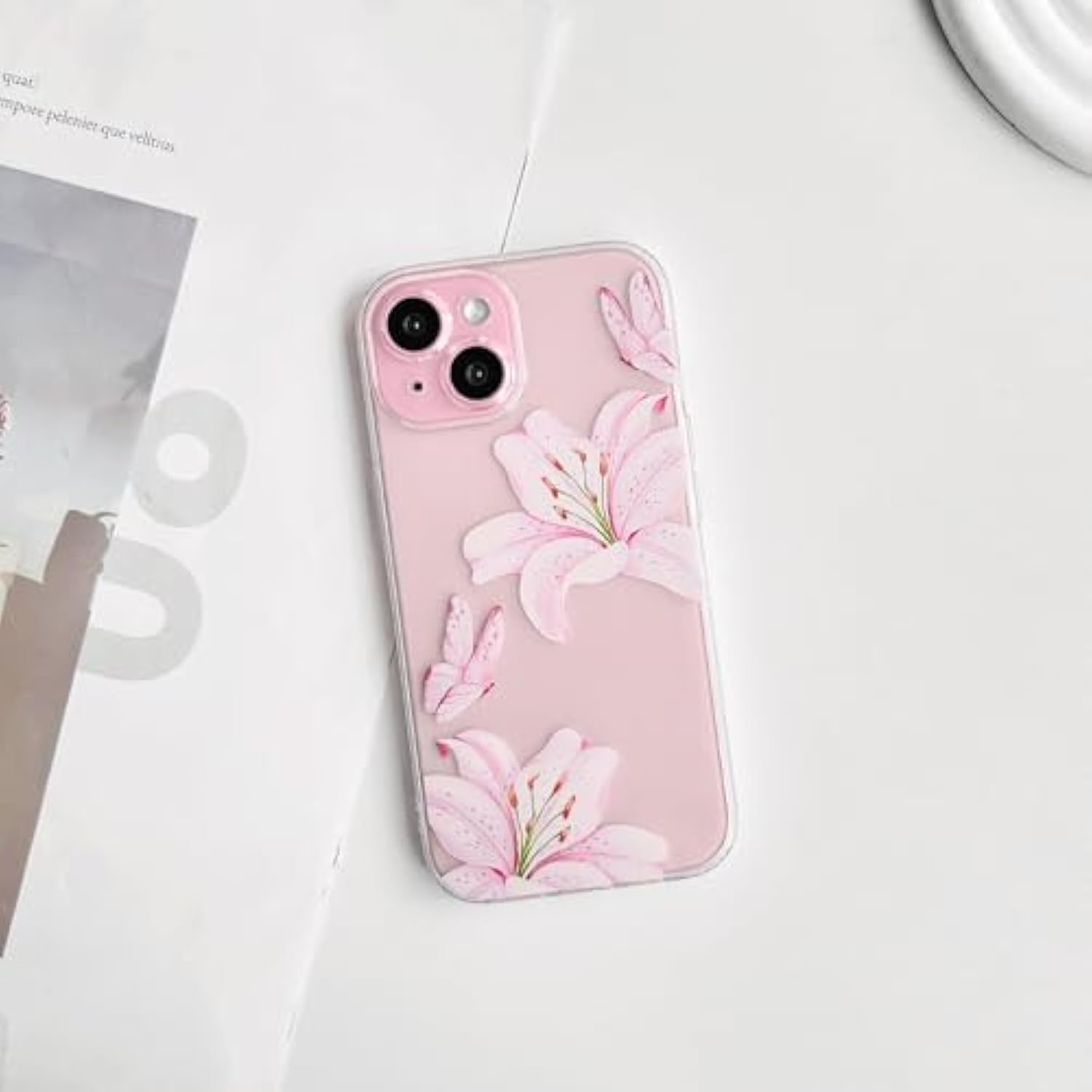 Compatible With Iphone 13 Case Clear Cute Butterfly Lily Flower Floral Pattern For Women Girls Full Camera Lens Clear Slim Shockproof Protective Phone Cover - Pink