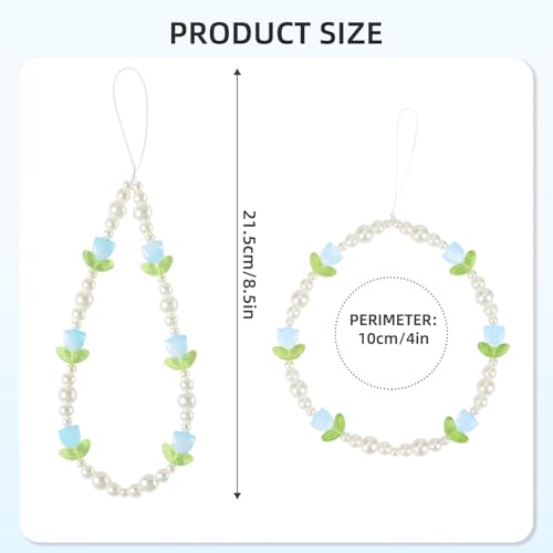 Beaded Phone Charms Cute Aesthetic Tulip Lanyard Strap Girl Wrist Chain, Phone Keychain Decoration for Wallet AirPods-Blue