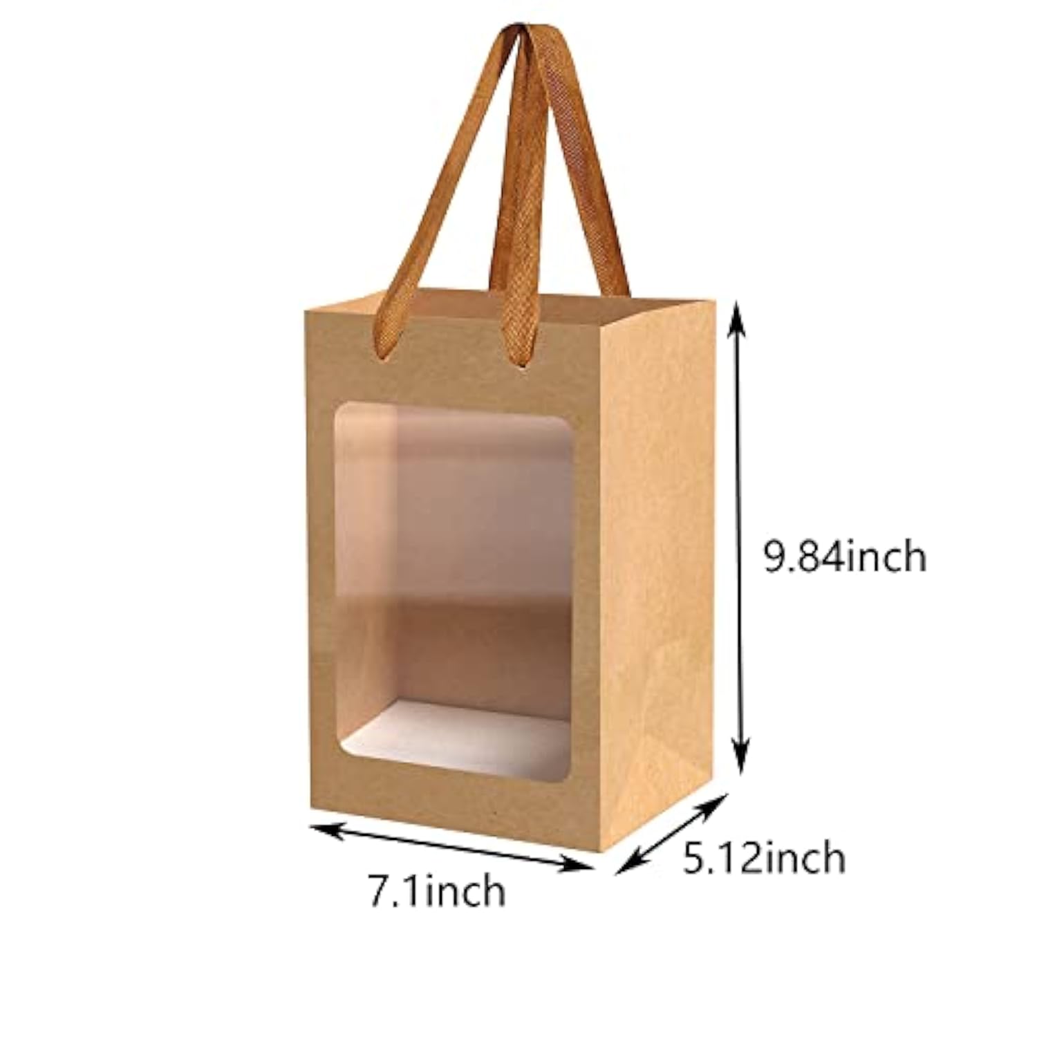 12 Pcs Brown Paper Gift Bags With Transparent Window, 9.84"X7.0"X5.12" Kraft Shopping Bags With Handles For Bouquet Christmas Birthdays Festivals Party Weddings Wrapping