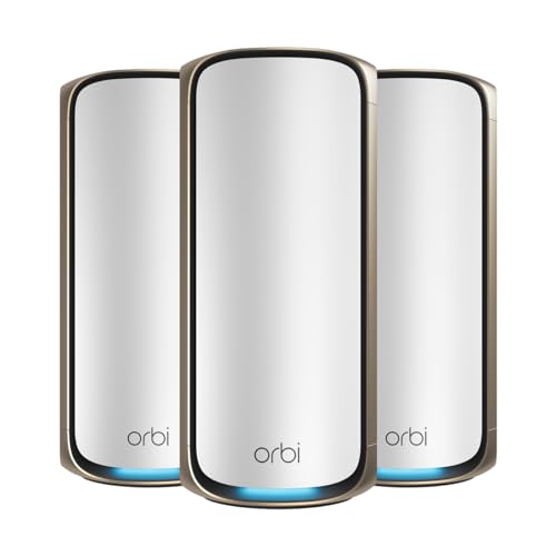 Orbi 970 Series Quad-Band Wifi 7 Mesh Network System (Rbe973S), Router + 2 Satellite Extenders, Security Features, Up To 27Gbps, Covers Up To 10,000 Sq. Ft., 200 Devices, 10 Gig Internet Port