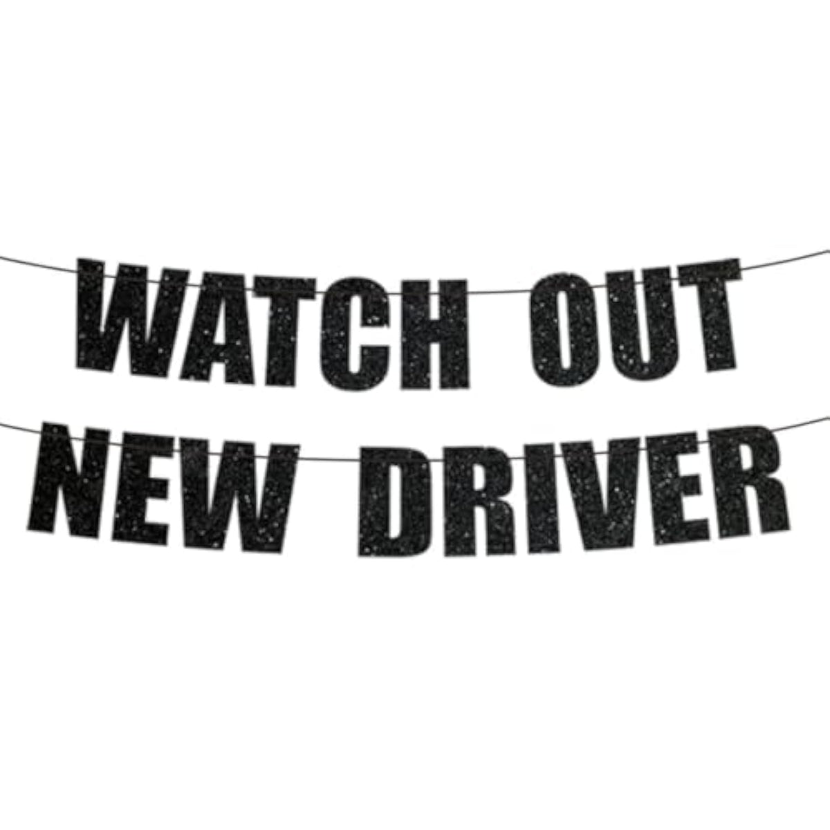 Funny 16Th Birthday Decorations For Boys - Watch Out New Driver Banner, Black Glitter Sweet 16 Party Supplies, Milestone Driving 16 Year Old Birthday Boy Sign - Pre-Strung, No Diy