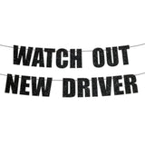 Funny 16Th Birthday Decorations For Boys - Watch Out New Driver Banner, Black Glitter Sweet 16 Party Supplies, Milestone Driving 16 Year Old Birthday Boy Sign - Pre-Strung, No Diy