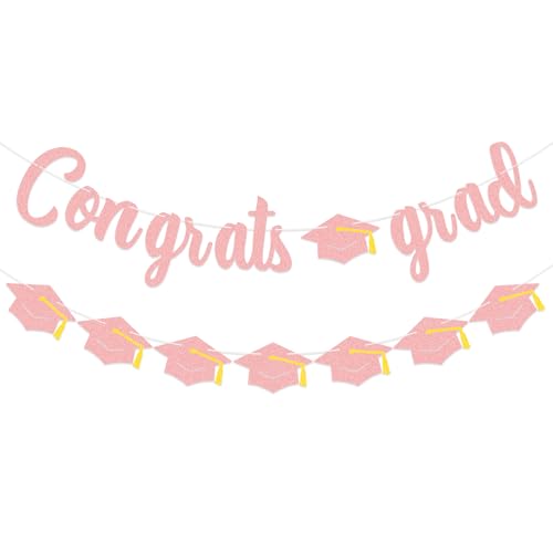 Graduation Banner Decorations – Pink Glitter Congrats Grad Banner with Graduation Cap Garland, Class of 2026 Graduation Party Supplies for High School and College Grad Party
