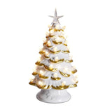 12.6-Inch Ceramic Christmas Tree With Led Lights, Battery Operated Pre-Lit White And Gold Tabletop Holiday Decor, Small Light-Up Christmas Ornament For Home And Office
