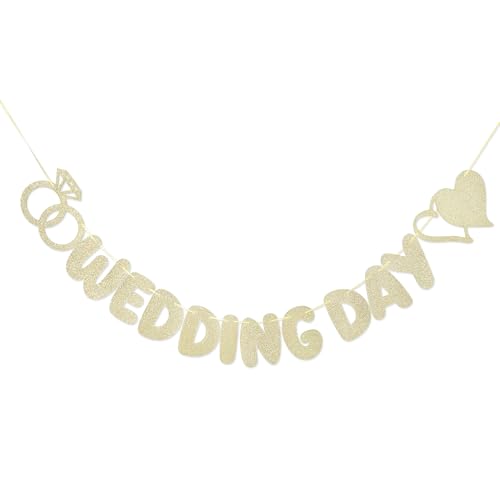 Wedding Day Banner, Champagne Gold Glitter Wedding Banner with Hearts & Diamond Ring Shapes, Wedding Reception Decoration for Anniversary, Ceremony, Bridal Shower & Engagement Party