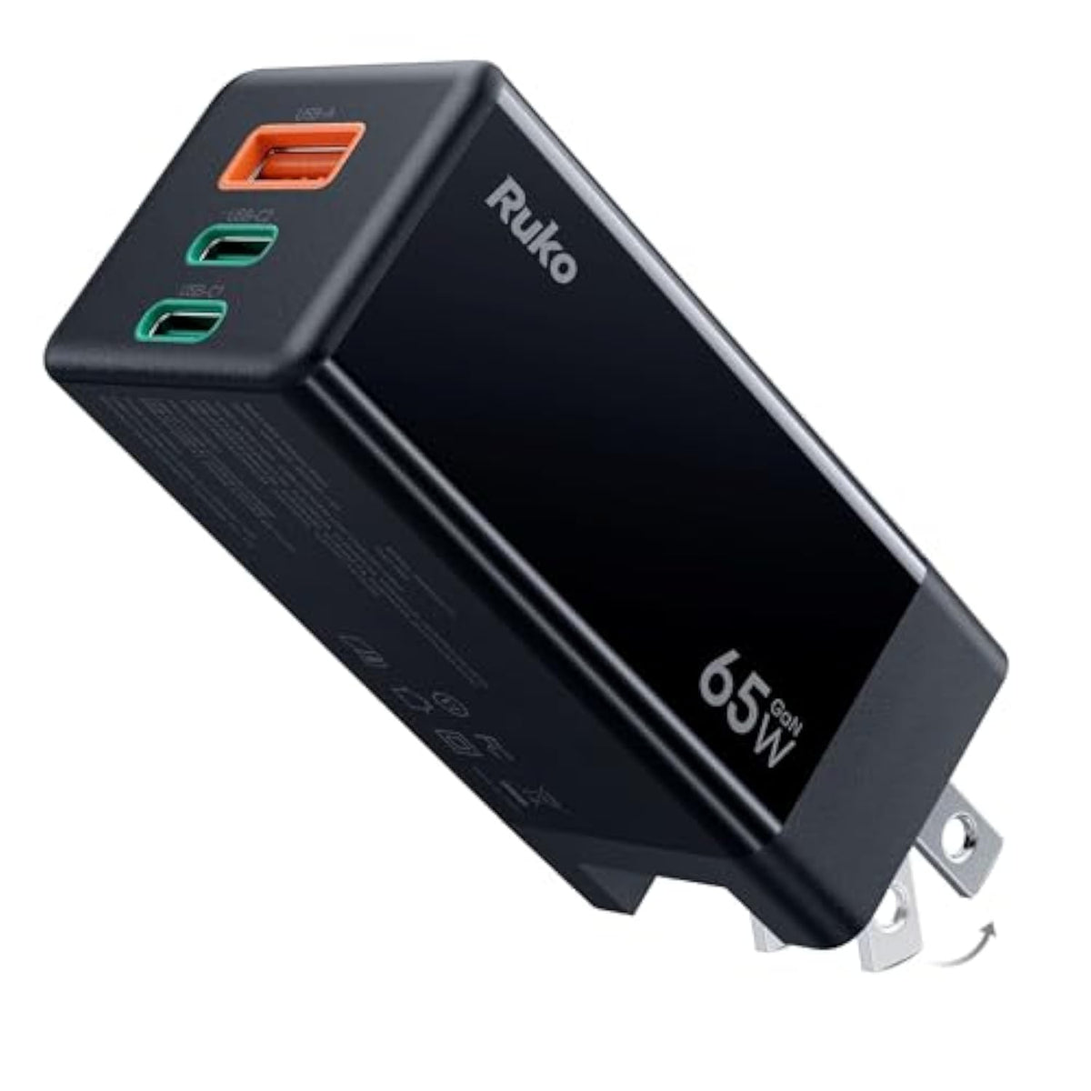 Ruko PD65W USB C Charger, 3-Port GaN Fast Charger Block, Compact Foldable Wall Charger for iPhone 16/15, MacBook Pro/Air, Galaxy S24, Pixel, Drone, Switch and More, Black