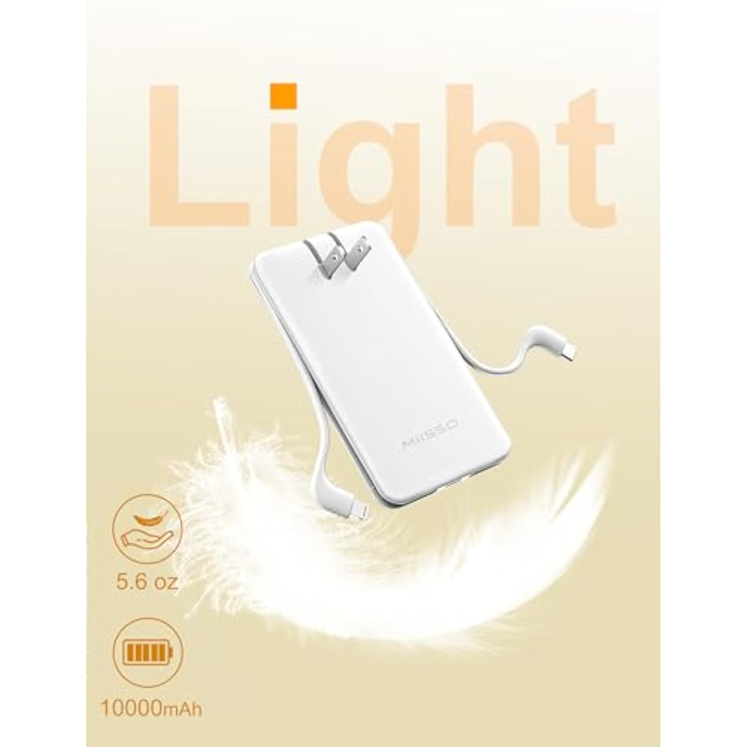 Ultra Slim 10000Mah Power Bank Built-In Cables And Foldable Ac Wall Plug, Pocket Size Usb C Portable Charger, External Battery Pack Compatible With Iphone Samsung Ipad Etc, White