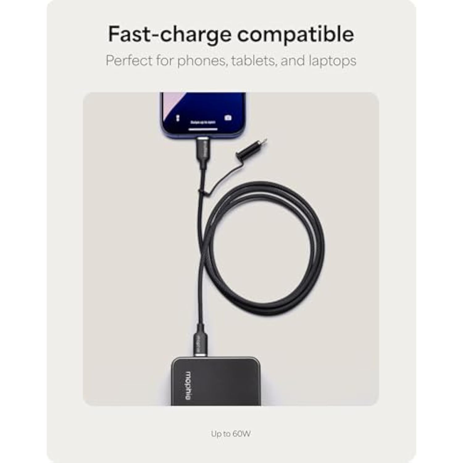 Mophie Charge Stream USB-C to USB-C 1m/3ft Cable with Lightning Adapter - 60W Fast-Charge Universal Charging Cable, MFi Certified, Dual Tip Adapter, Braided, Durable for iPhone, iPad, Android, MacBook