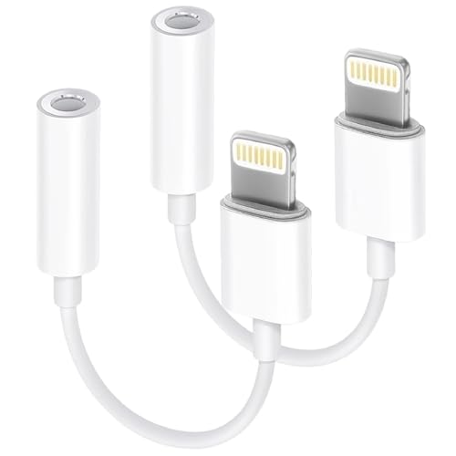 2 Pack Lightning to 3.5 mm Headphone Jack Adapter, [ MFi Certified] iPhone Dongle Adapter Converter Aux Audio Cable Compatible with iPhone 14/14