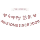 Pink Rose Gold 16th Party Decorations "Awesome Since 2009" Banner & Photo Props