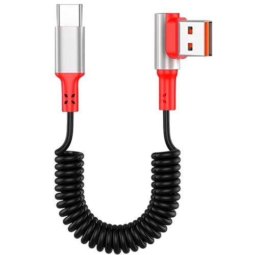 90Degree Coiled USB to Type C Charging Cable, Upgrade USB Blind Plug, Right Angled Spring Type C 5A Fast Charging Cable Charge and Sync for Phone