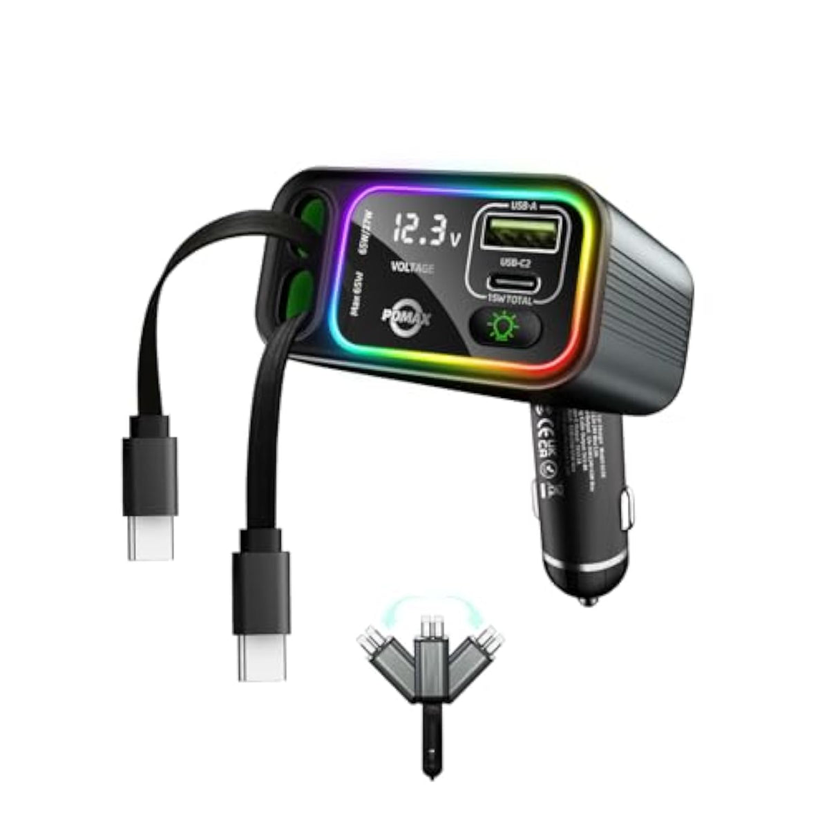 Retractable Car Charger Usb C,145W Type C Car Charger Fast Charging With Dual Retractable Usb C Cable And Usb Ports, Compatible With Iphone 16/15,S25/24/23/22, Pixel 9/8/7