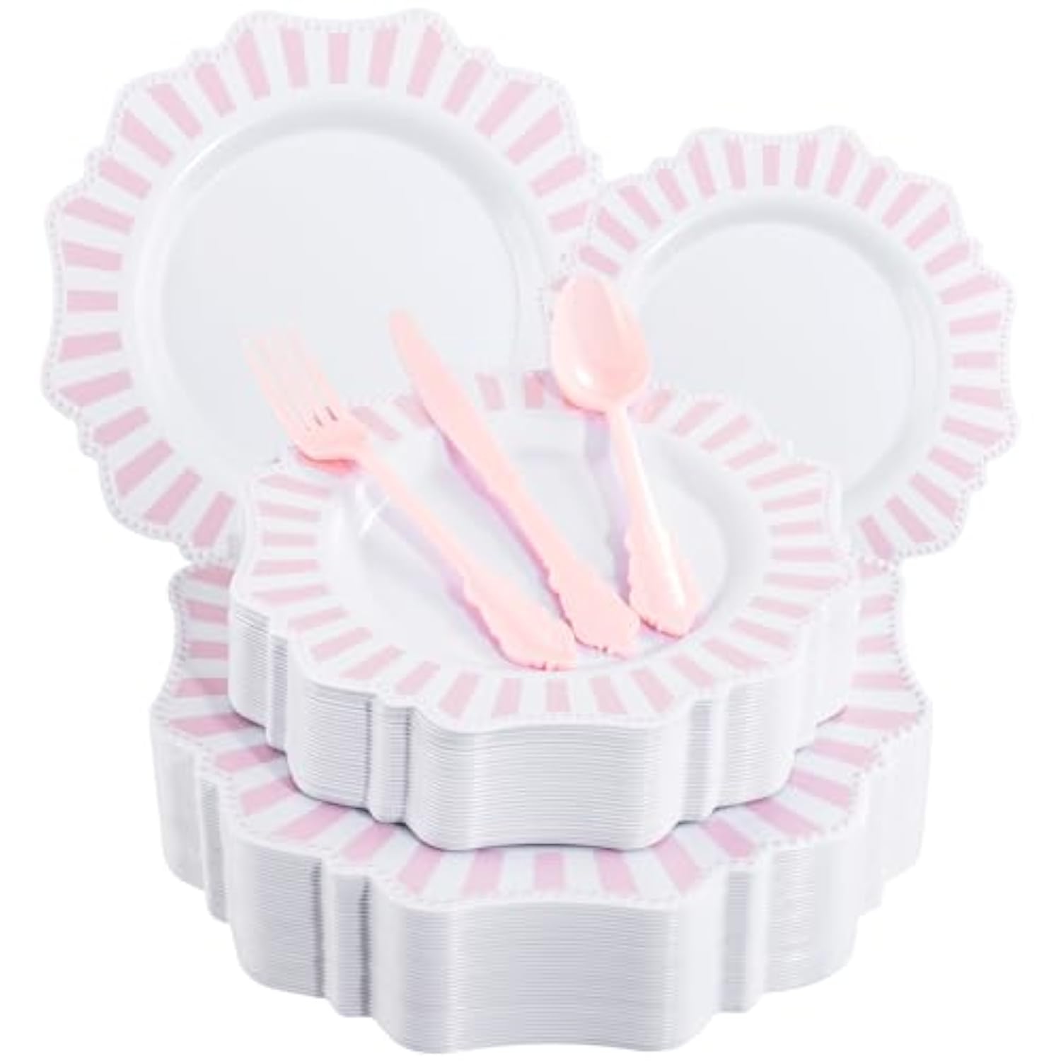 150Pcs Disposable Pink And White Stripped Plastic Plates And Silverware Set, Light Pink Dinner/Dessert Plates Silverware Serve 30Guests For Easter Day, Wedding Party And Daily Use.
