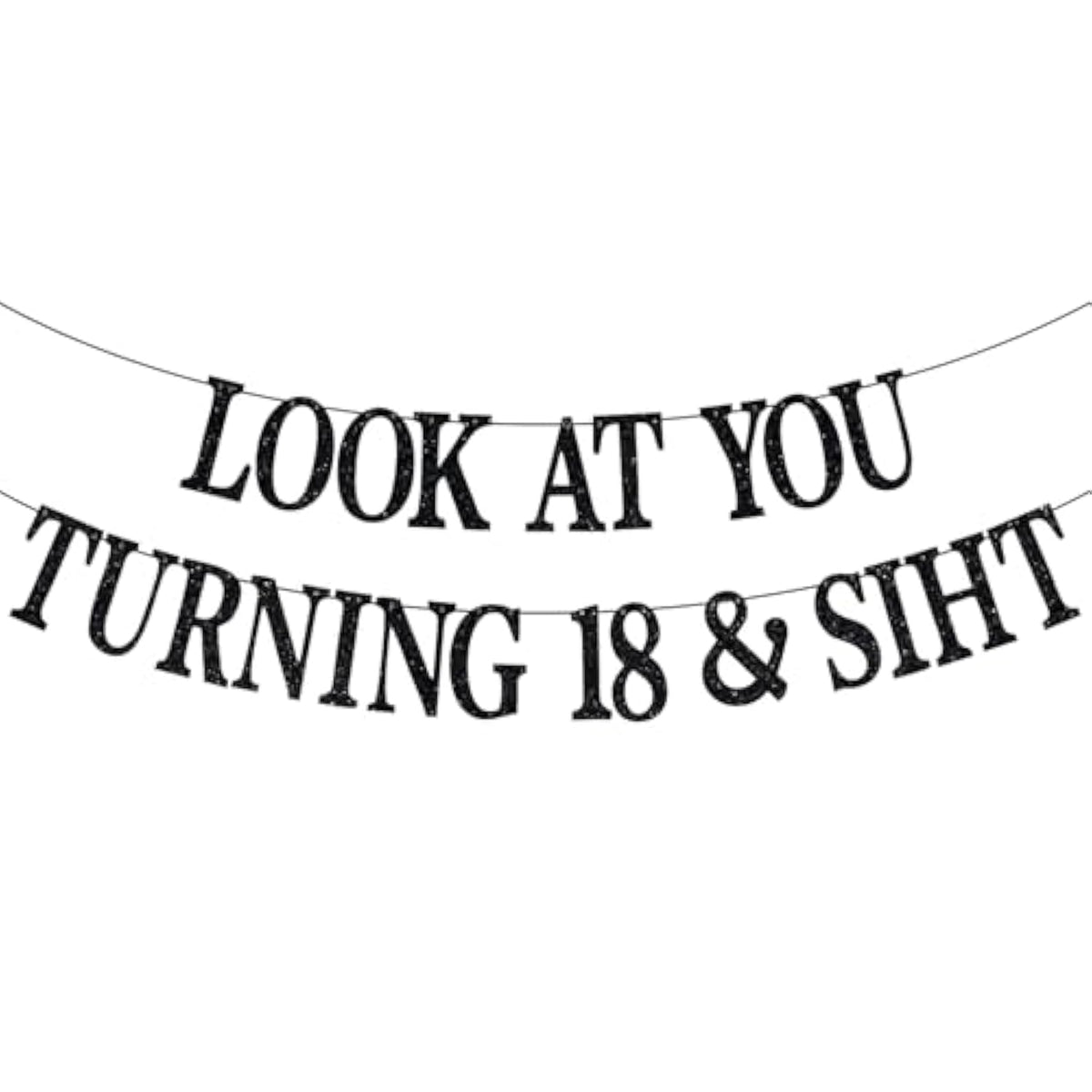 Happy 18th Birthday Banner, “Officially 18” Black Glitter Hanging Party Backdrop