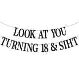 Happy 18th Birthday Banner, “Officially 18” Black Glitter Hanging Party Backdrop