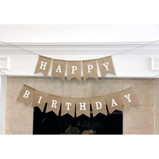 "Happy Birthday" Burlap Banner – Rustic “Happy” And “Birthday” Across Natural Jute Burlap Flags (Approx. 5" × 7") Party Decor With Bold White Print – Over 8?Ft Strand Party Decor For Birthdays, Mantels, & Dessert Tables