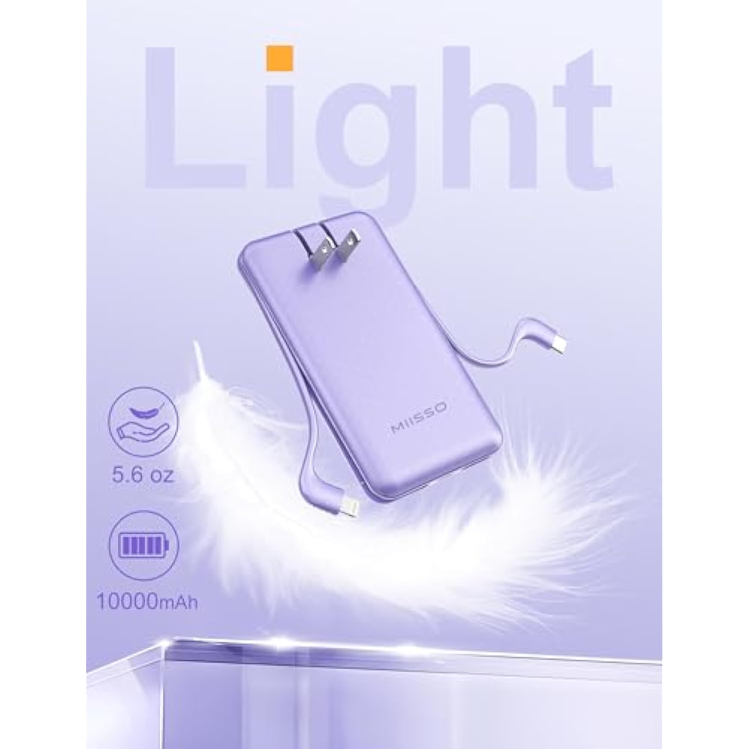 Ultra Slim 10000Mah Power Bank Built-In Cables And Foldable Ac Wall Plug, Pocket Size Usb C Portable Charger, External Battery Pack Compatible With Iphone Samsung Ipad Etc, Purple