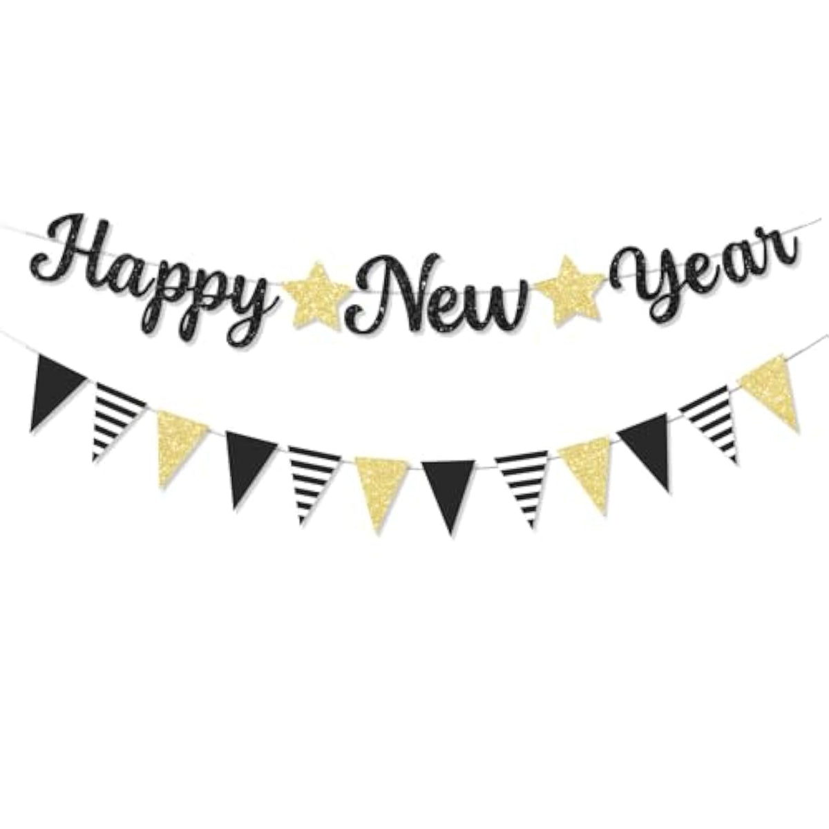 Glitter Happy New Year 2026 Black Banner New Year’s Eve Party Decor