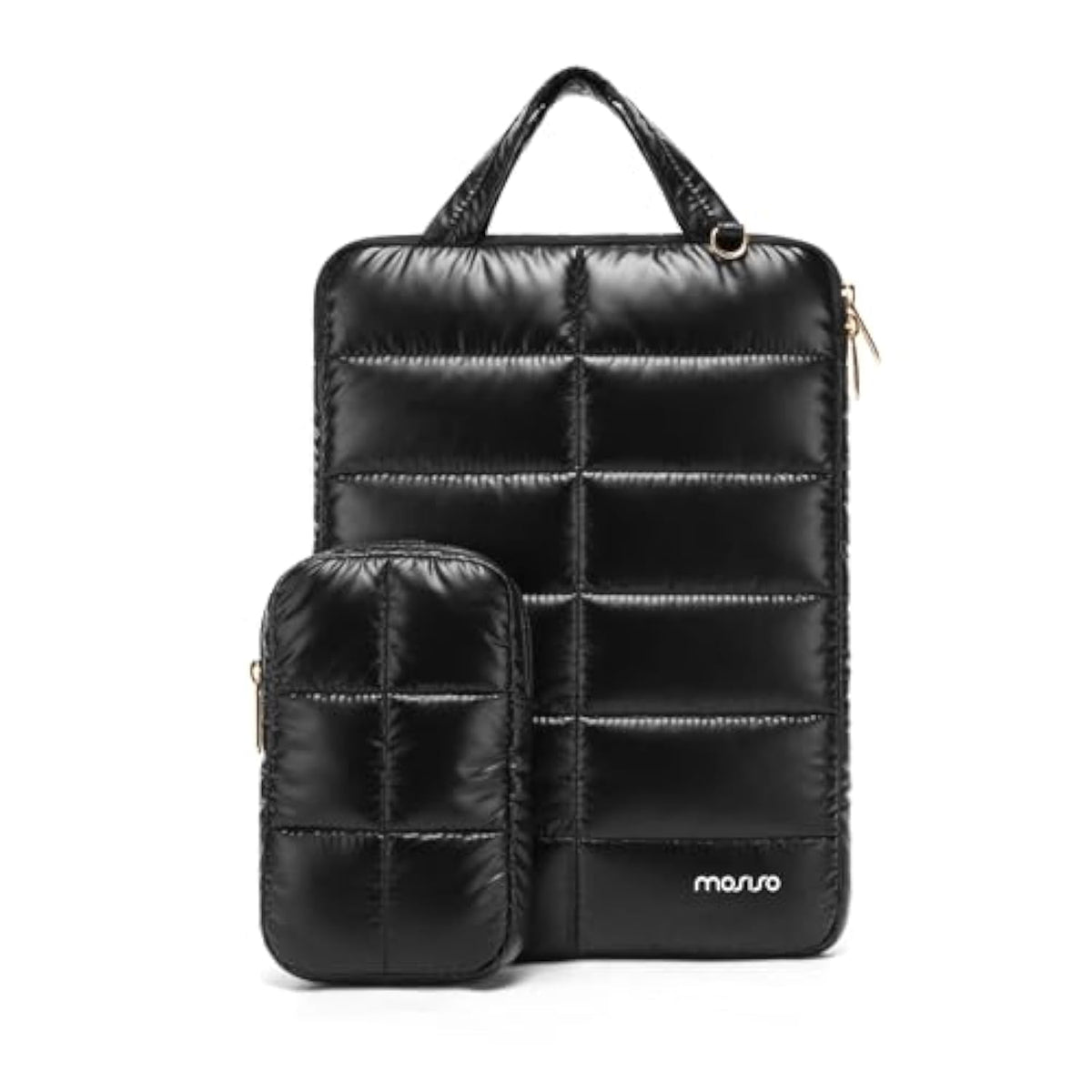 MOSISO Shiny Puffy Laptop Sleeve Compatible with MacBook Air/Pro, 13-13.3 inch Notebook, Compatible with MacBook Pro 14 inch M4 M3 M2 M1, Twelve Rectangle Quilted Bag with Handle&Small Case, Black