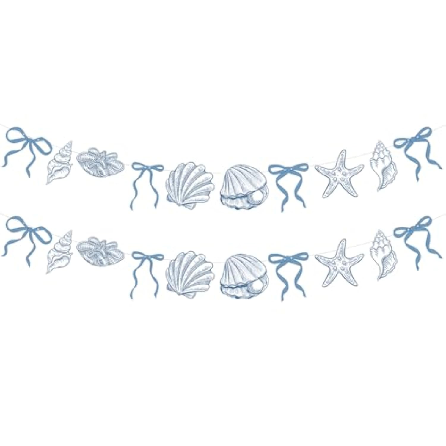 2 Pack Blue Bow Starfish And Seashell Garland 6.56 Ft Ocean Coastal Nautical Beach Party Under The Sea Paper Bow Hanging Banner For Summer Birthday Wedding Bachelorette Mermaid Baby Shower