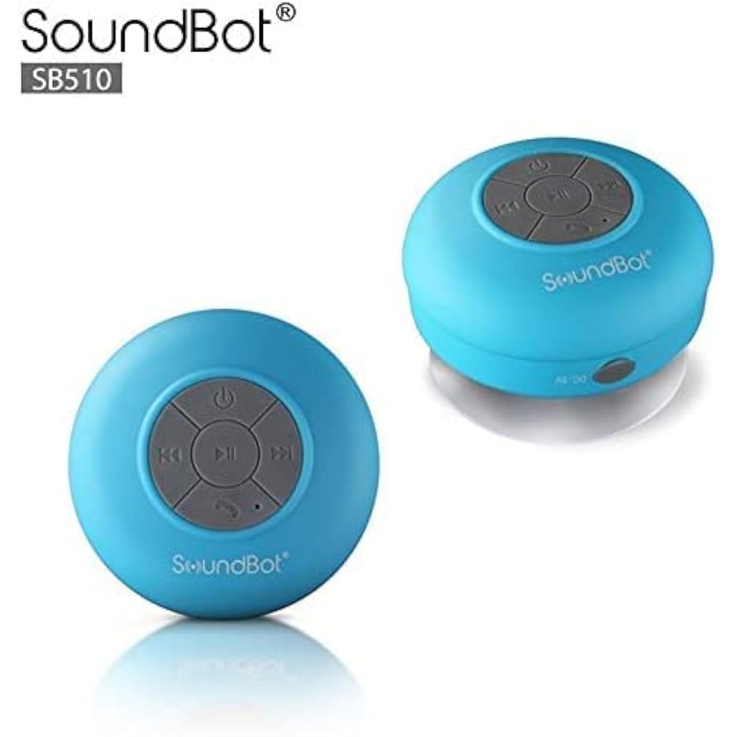 SoundBot SB510 HD Water Resistant Bluetooth Shower Speaker, Handsfree Portable Speakerphone with Built-in Mic, 6hrs of Playtime, Control Buttons and Dedicated Suction Cup_Blue