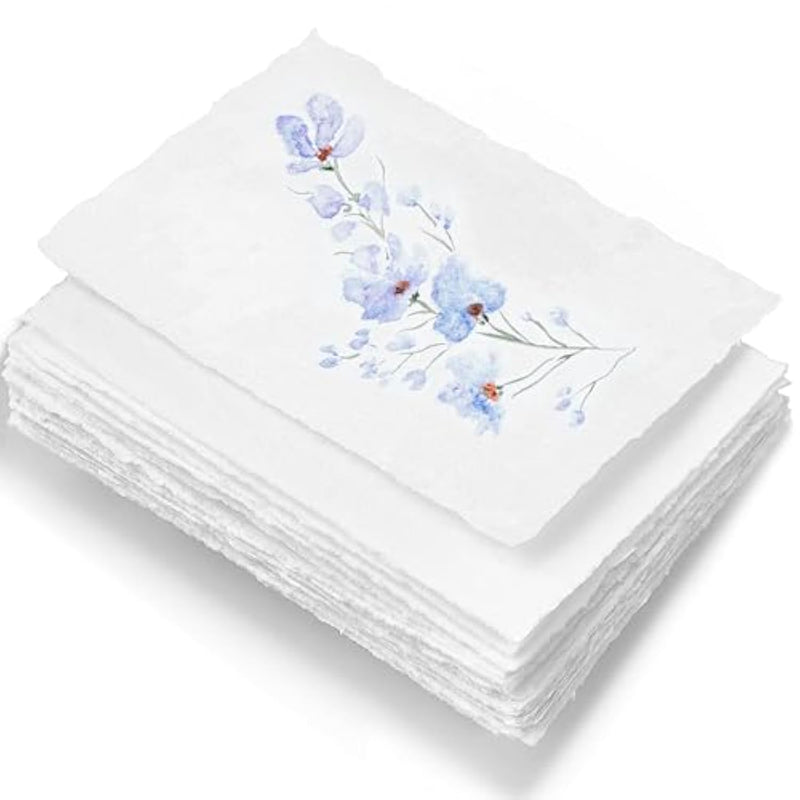 A5 Handmade Deckled Edge Cotton Paper - Cold Pressed Texture - Paint, Watercolor, Writing, Printer - Cards, Invitations, Menus, Arts And Crafts. 50 Pack White 150Gsm - 5.8" X 8.3"