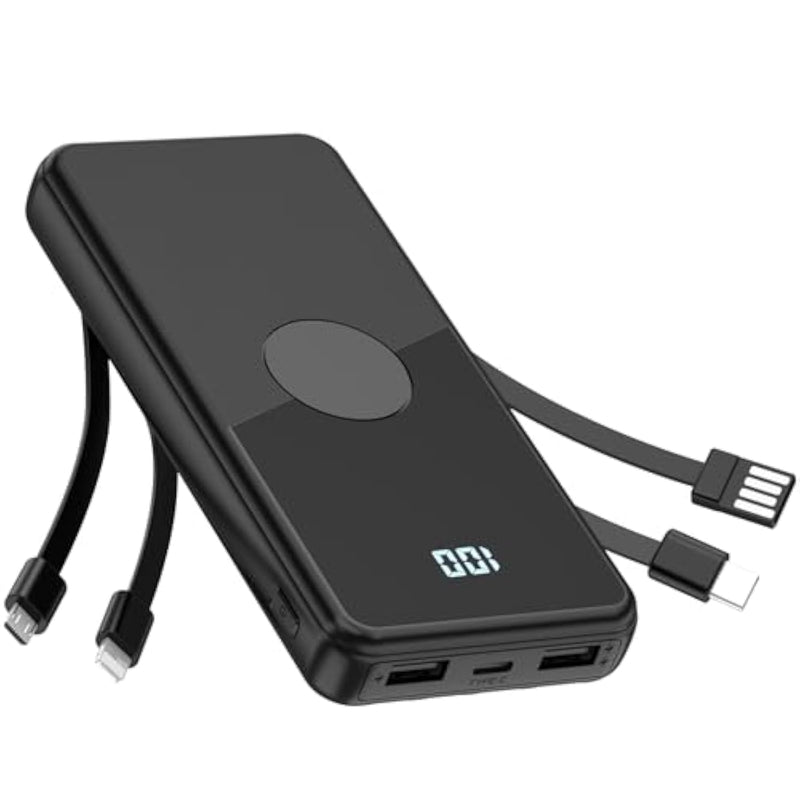Portable Charger With Built In Cables,High Speed Power Bank 10000Mah Travel Battery Pack 5 Outputs 3 Inputs Portable Phone Charger Backup Battery For Iphone, Samsung, Ipad,Tablets (Black)