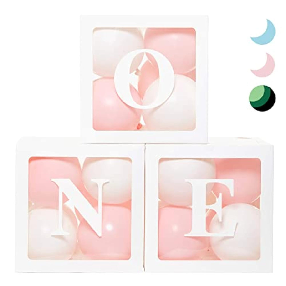 First Birthday Decorations Balloon 'One' Boxes For Baby Girl - 24 Balloons - Baby 1St Birthday Girl Decoration, Clear Cube Blocks 'One' Letters As Cake Smash Photoshoot Props Backdrop | 1 Year Old