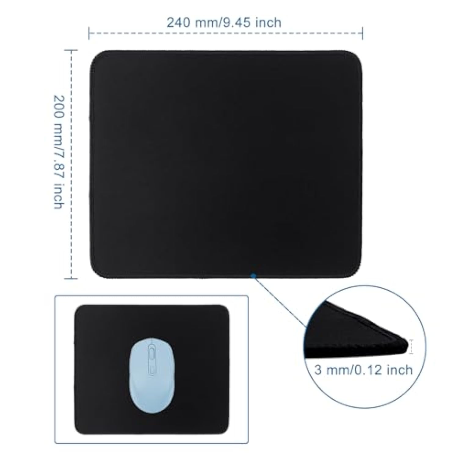 Professional Repel-Spill Mouse Pad - Black, 9.45 X 7.87 X 0.12Inch, Anti-Slip Rubber Base, Sturdy Stitched Edge, Suitable For Various Office And Home Scenarios