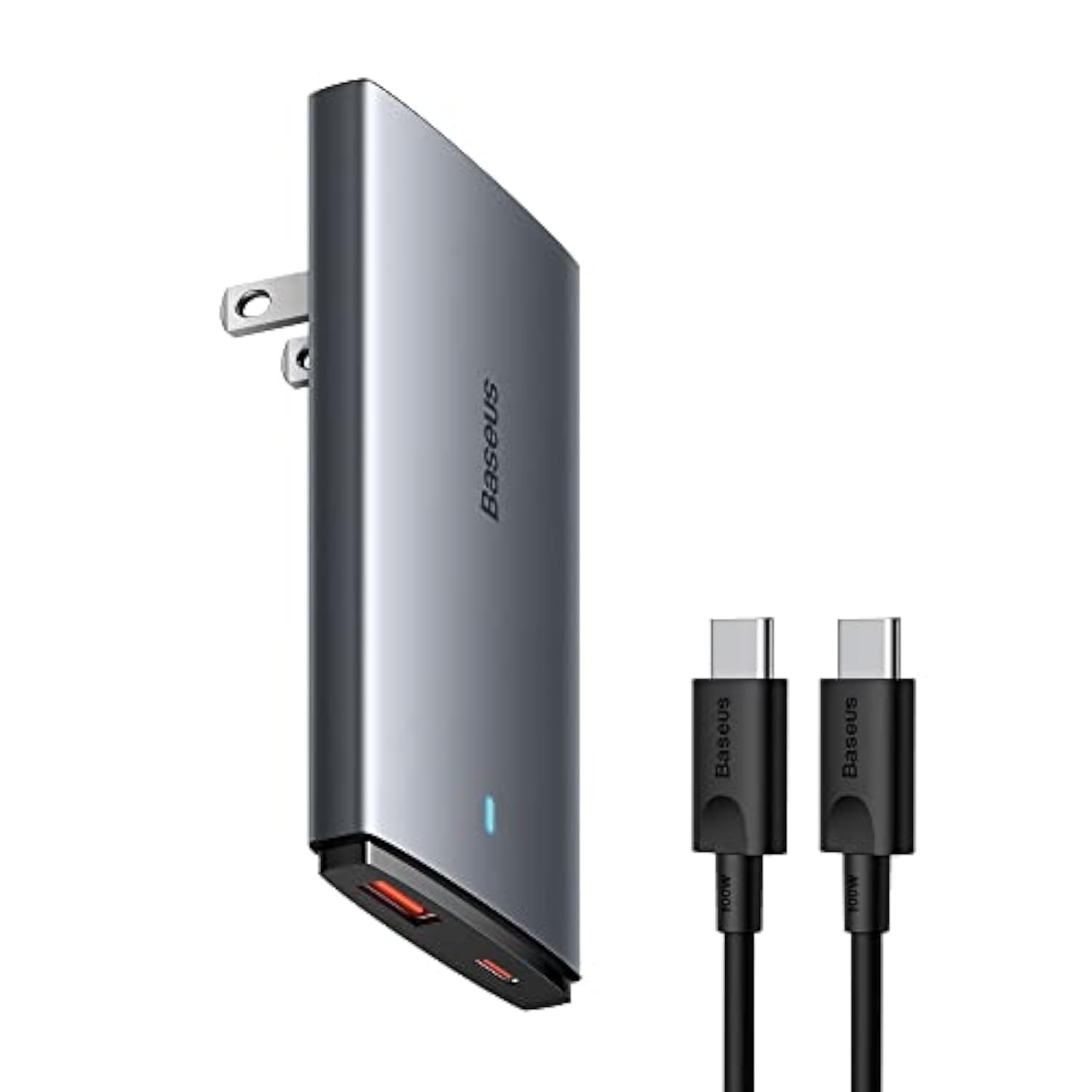 Baseus 65W Flat Wall Charger, 2 Port Ultra-Slim USB C GaN Charger with Foldable Plug for MacBook, iPhone 16/15/14/13/12/11/Pro Max/XS/XR, Samsung, iPad, Steam Deck with Charging Cable