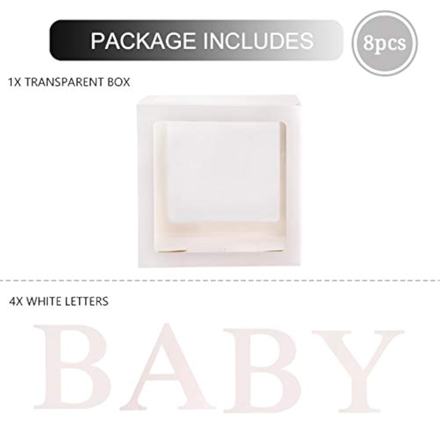 Baby Shower Decor – 4 Transparent Balloon Boxes with BABY Letters for Gender Reveal