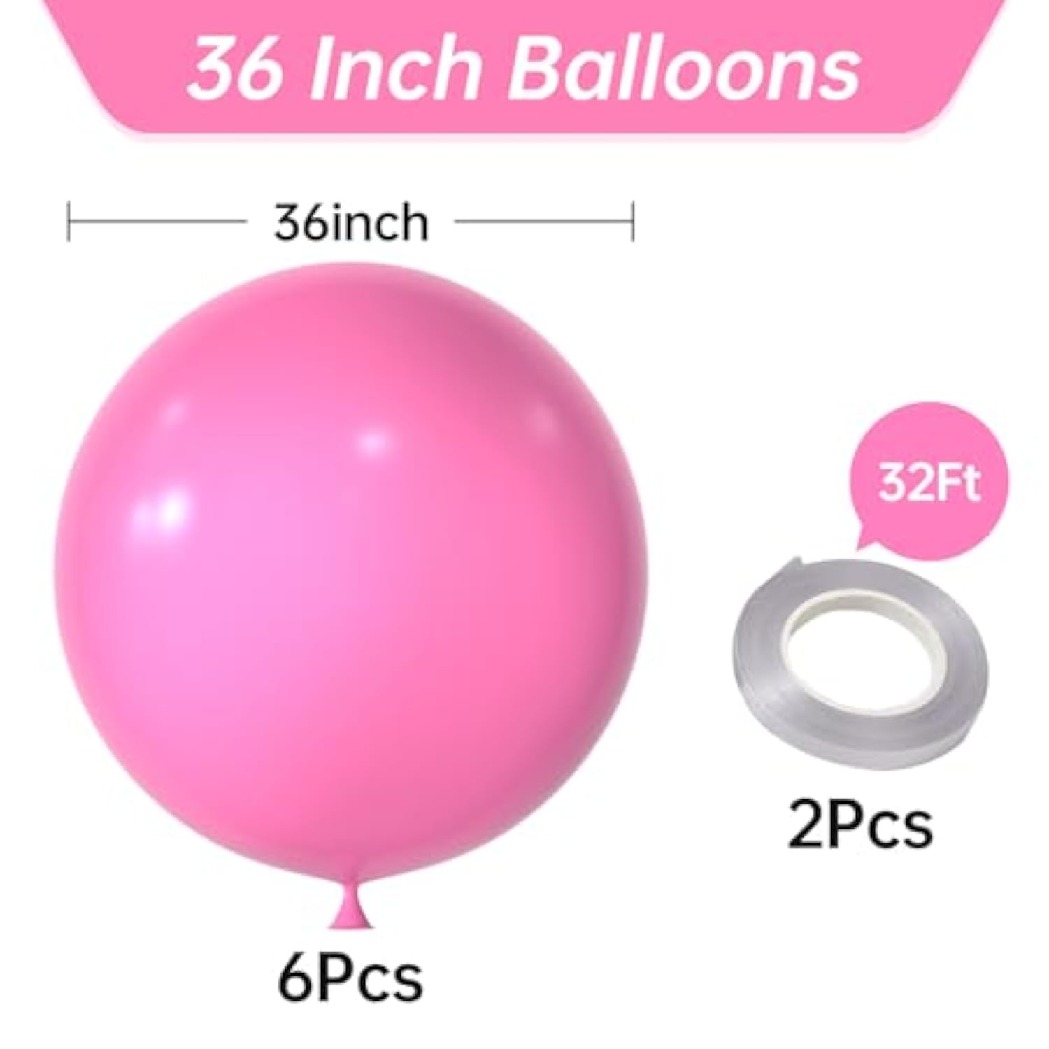 36 Inch Giant Hot Pink Balloons, 6 Pack Large Round Hot Pink Latex Balloons For Anniversary, Birthday, Christmas, Wedding, Baby Shower Party Decorations