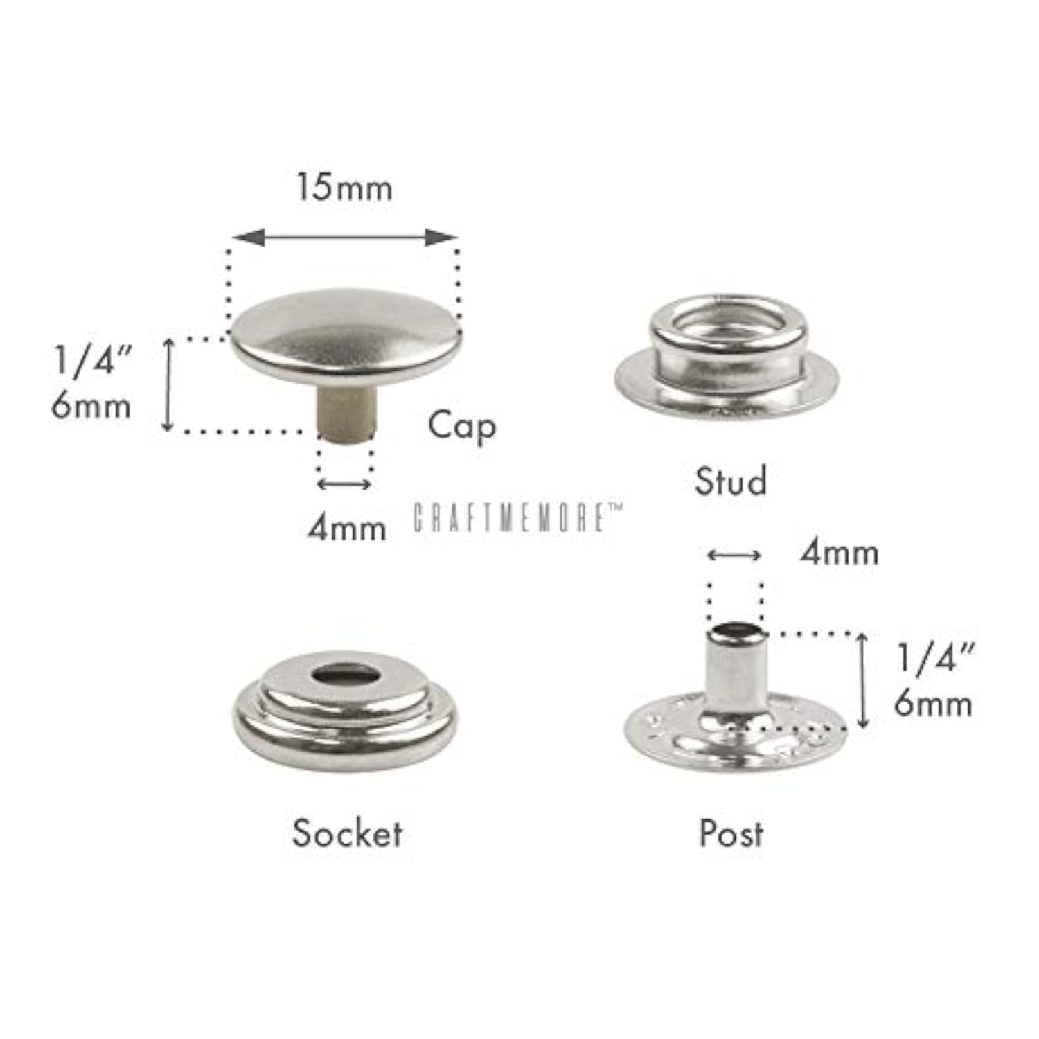 50 Sets Silver Snap Fasteners Ring-Socket Press Studs For Jacket Bag C