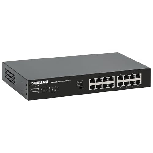 Intellinet 16 Port Gigabit Ethernet Switch 10 / 100 / 1000 Mbps Unmanaged,Metal Housing, Fanless Quiet, Long Distance, Vlan & Extend Mode For Computer Desktop Networking-3 Yr Mfg 561815