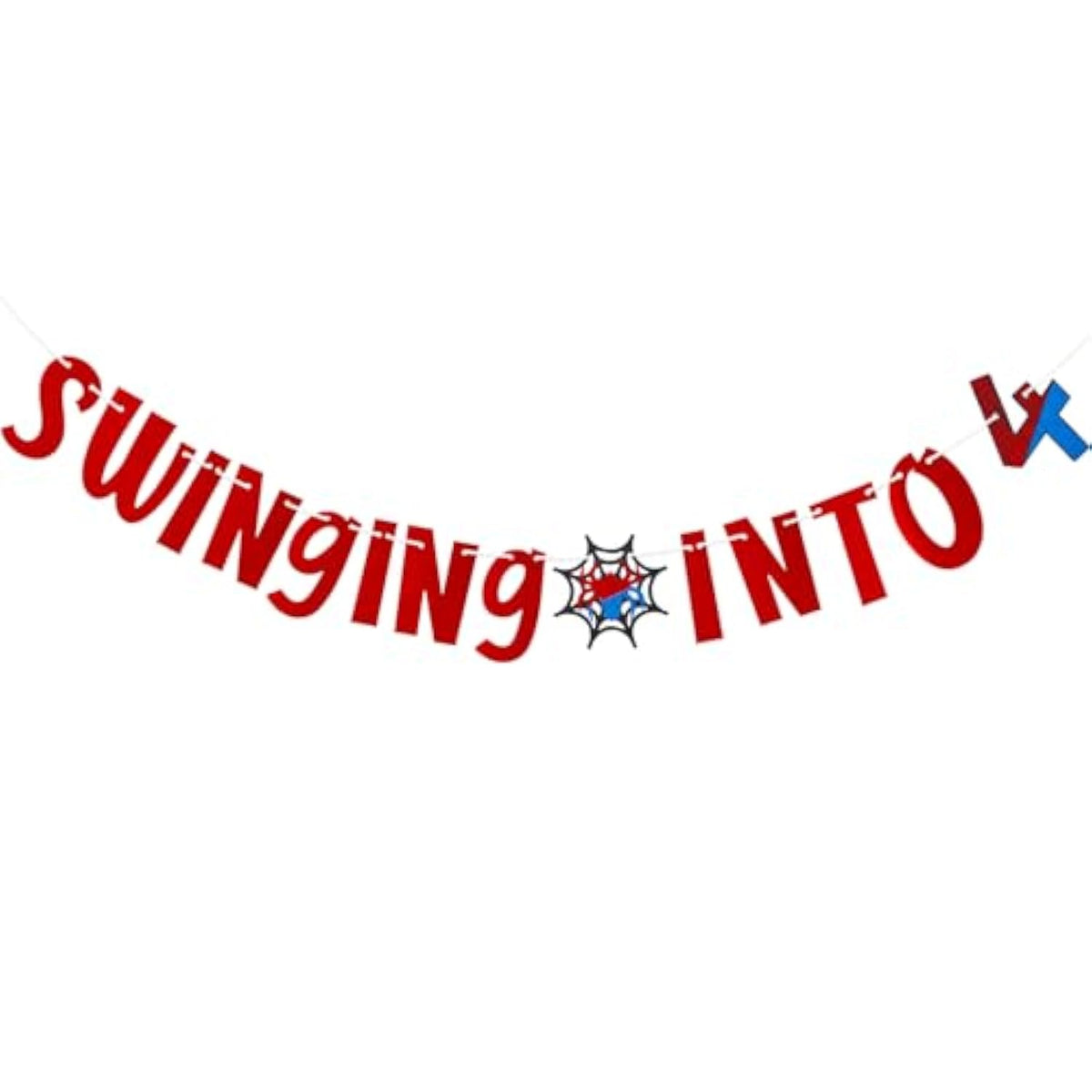 Spider Birthday Banner Swinging Into 4 Cartoon Party Decorations