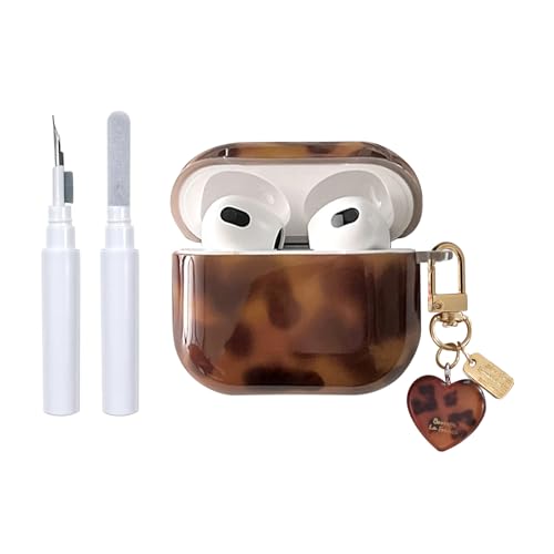 Compatible for AirPods 4 Case with Cleaner Kit Cute Cool Brown Leopard Cool Amber Tortoise Aesthetics Design Shockproof Love Keychain Cover for Girls