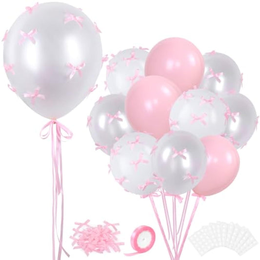 Pink Bow Balloons, 32Pcs 18" 12" Pink Balloons & 100Pcs Mini Pink Ribbon Bows, Diy Bow Balloons For Bow Birthday Baby Shower Decorations, Tying The Knot Bridal Shower Bachelorette Decor