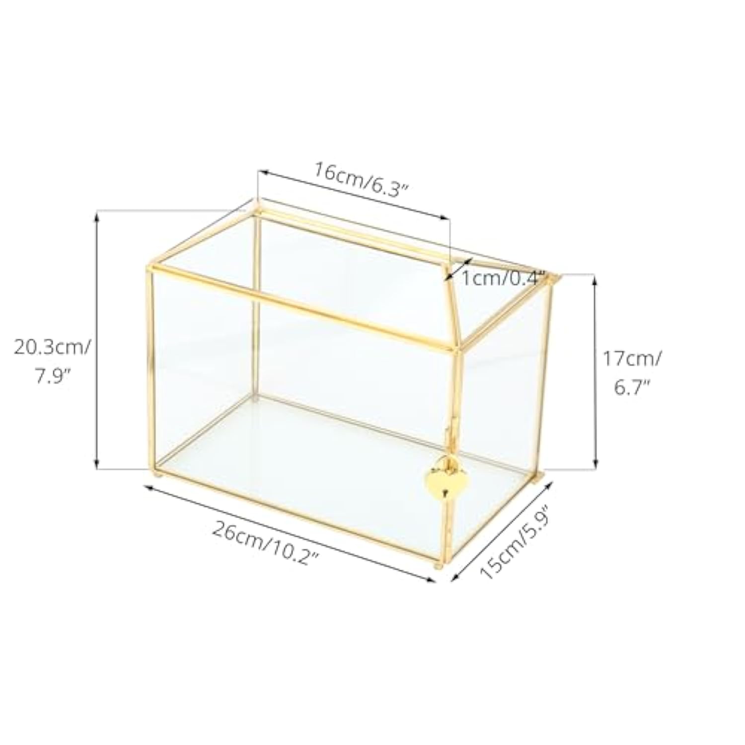 Small 10.2" X 5.9" X 7.9" Glass Cards Box With Slot And Lock For Wedding Reception - Home Birthdays Party Geometric Decorative, Gold - Slot Length 6.3 Inches (Glass Box Only)