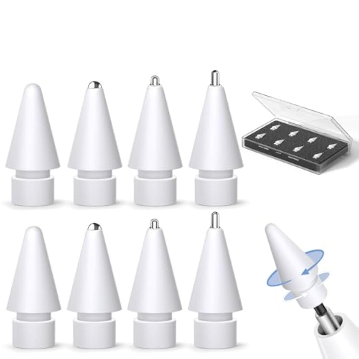 8 Pack For Apple Pencil Tips Replacement Accessories,Compatible With Apple Pencil Pro/2Nd Generation/1St Generation/Usb-C,Ipencil Nibs For Ipad Pro/Air/Mini (White Metal Nib)