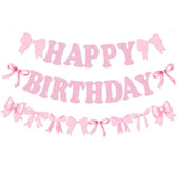 Bow Happy Birthday Banner Pre-Strung Pink Garland for Girls' Party Decor