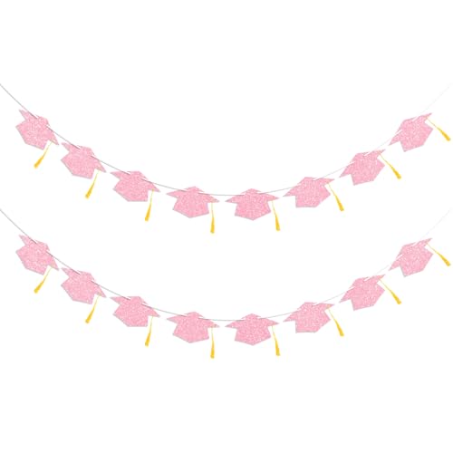 Graduation Decorations Class of 2026 Pink Graduation Cap Banner with Tassel Prestrung Glitter Congrats Grad Banner for Senior High School College Grad Party Decorations 2PC