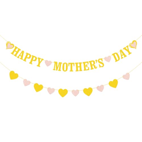 Happy Mothers Day Banner NO DIY Gold Glitter Banner with Heart for Mothers Day Hanging Decorations Mom Birthday Party Supplies Favor Photo Props Home Decorations