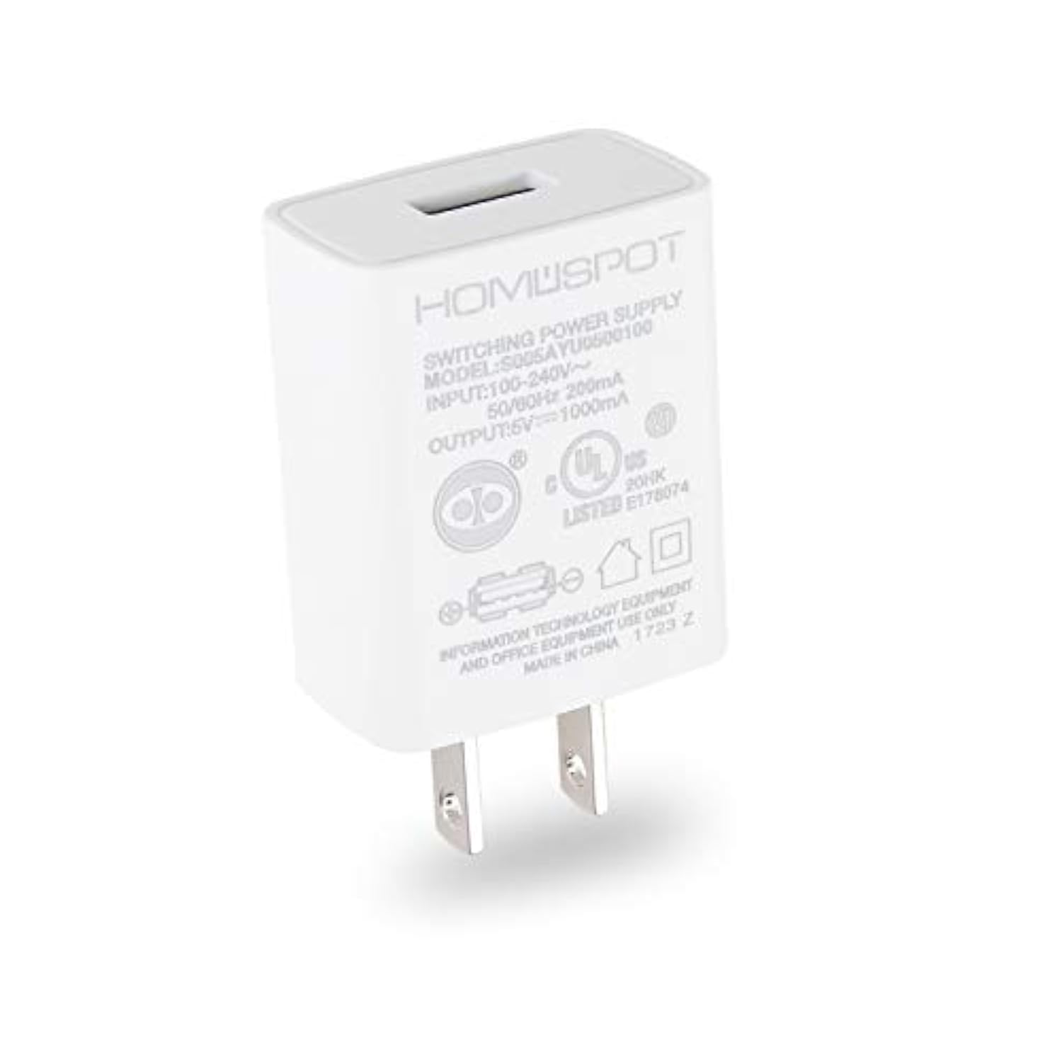 HomeSpot UL Certified USB Wall Charger 5V1A Plug in-Door Power AC Adapter Travel Office Home Use - 1 Pack White