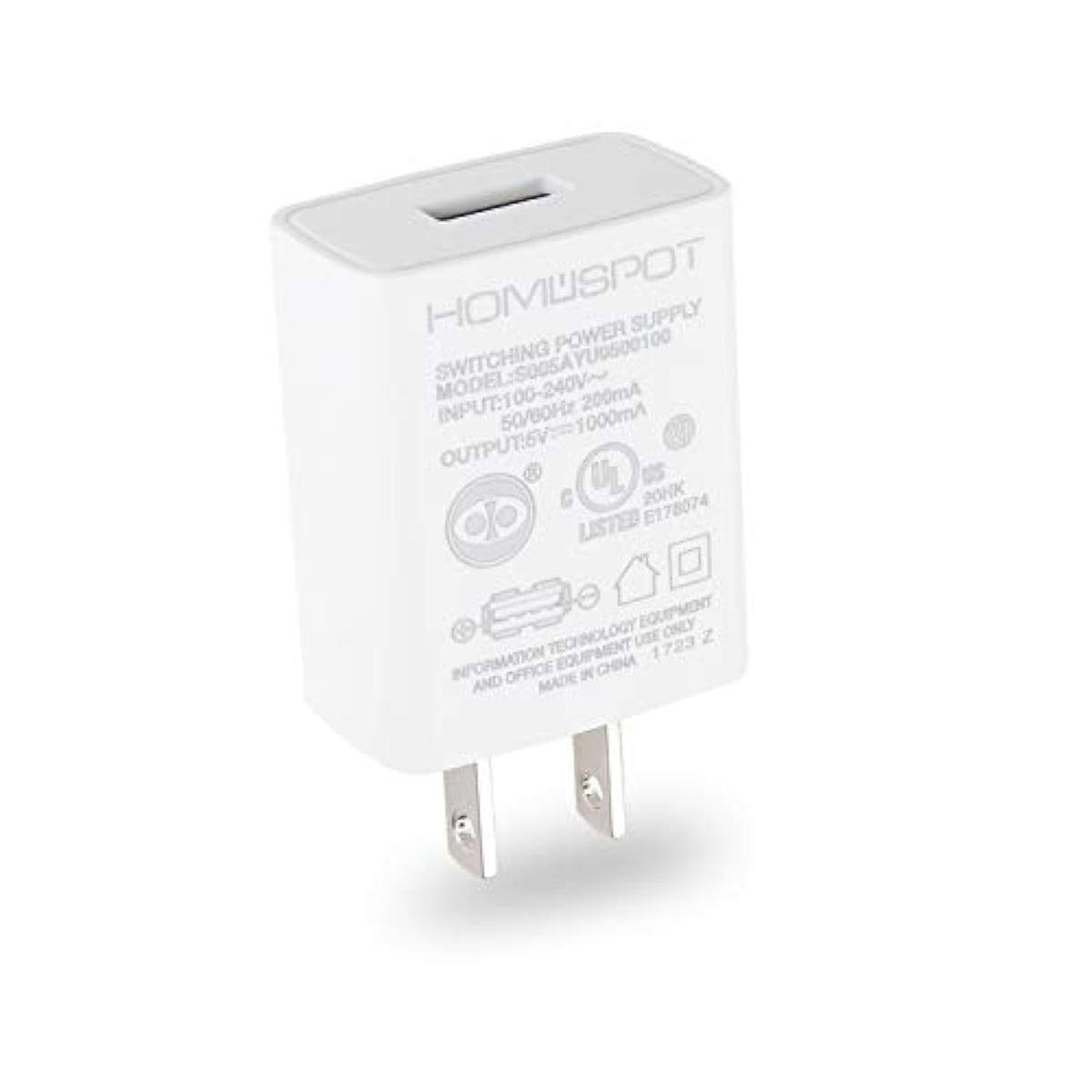 HomeSpot UL Certified USB Wall Charger 5V1A Plug in-Door Power AC Adapter Travel Office Home Use - 1 Pack White