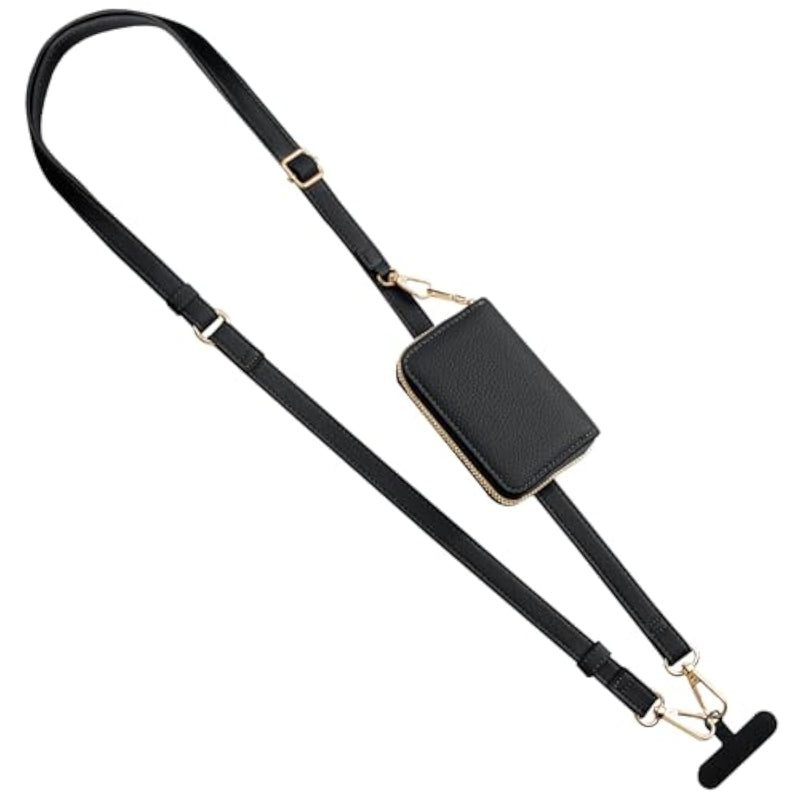 Phone Lanyard, Strap With Leather Wallet Pouch, Universal Crossbody Phone Lanyard Adjustable Neck Strap, Compatible With Most Smartphones, Black