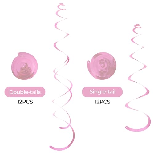 24 PCS Pink Hanging Swirl, Sparkle Ceiling Hanging Decorations, Plastic Streamer Party Decorations with Double-Swirls and Single-Swirls for Birthday Decorations, Easter, Graduation, Baby Shower