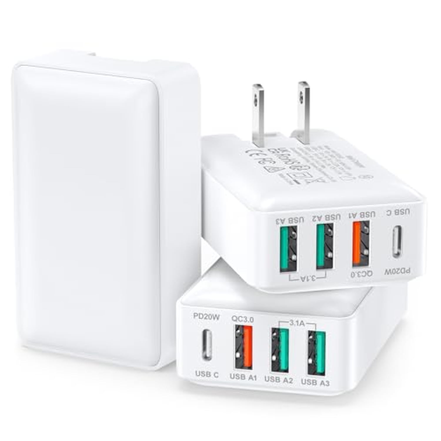 Flat Usb Wall Charger, 40W 4Port Usb And Usb C Fast Charging Block Pd+Qc Foldable Wall Plug Power Adapter Multiports For Iphone 16 15 14 13 Ipad Galaxy S24 A54 Android Watch Earbuds-3Pack